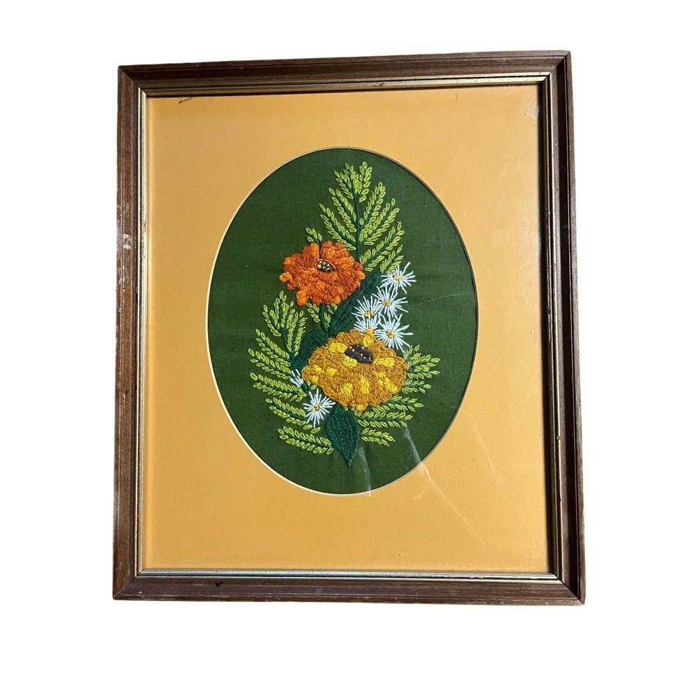 Framed Floral Embroidery Orange Yellow Flowers Green Matte Wall Art